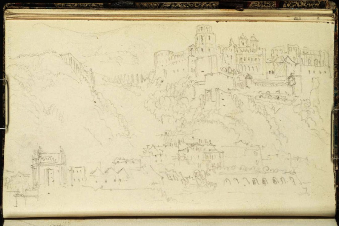 J M W Turner Heidelberg Castle and Palais Weimar from upstream of the old bridge, 1833 From the Heidelberg up to Salzburg sketchbook, Tate, London, D29845; Turner Bequest CCXCVIII 16a as ‘Heidelberg: The Karlstor, Palais Weimar and Castle from the Hirschgasse’ Photo courtesy of Tate To view this image in Tate’s own catalogue of the Turner bequest, click on the following link, and use your browser’s ‘back’ button to return to this page.  http://www.tate.org.uk/art/artworks/turner-heidelberg-the-karlstor-palais-weimar-and-castle-from-the-hirschgasse-d29845  