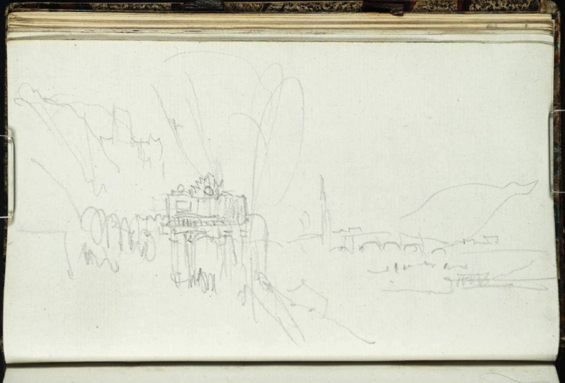 J M W Turner Heidelberg, the Karlstor, Castle and Bridge from the left bank of the Neckar, 1833 From the Heidelberg up to Salzburg sketchbook, Tate, London, D29863; Turner Bequest CCXCVIII 25a as ‘Heidelberg: The Karlstor and View down the Neckar’ Turner finished his survey of Heidelberg with a group of sketches attempting to find a view on the left bank in the vicinity of the Karlstor where he might include the gate, town castle and bridge. He succeeded to a degree, but with the arrival of the railway station and the busy road, few visitors attempt to make anything of the locality today. Photo courtesy of Tate To view this image in Tate’s own catalogue of the Turner bequest, click on the following link, and use your browser’s ‘back’ button to return to this page. http://www.tate.org.uk/art/artworks/turner-heidelberg-the-karlstor-and-view-down-the-neckar-d29863 