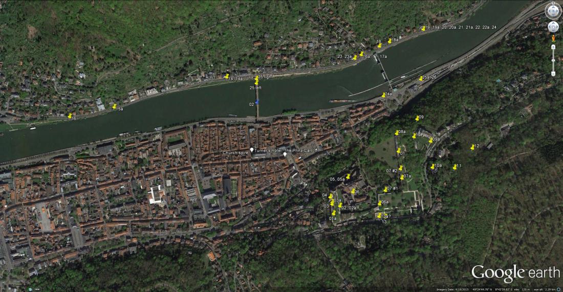 Google Earth Aerial View of Heidelberg, marked with Turner's 1833 viewpoints.  Click on the image to open full-size, and use your browser's 'back' button to return to this page.