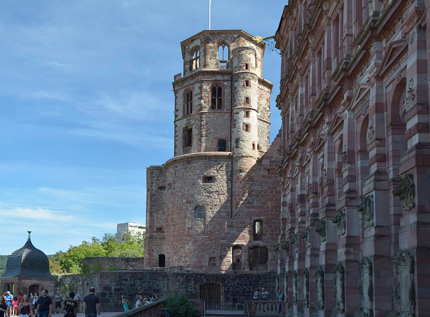 The North Terrace of Heidelberg Castle, looking east Photograph by David Hill taken 26 August 2015, 11.20, GMT Turner made his way from the west terrace through the courtyard and onto the north terrace where he took views looking both east up the Neckar as here, and in the opposite direction. 