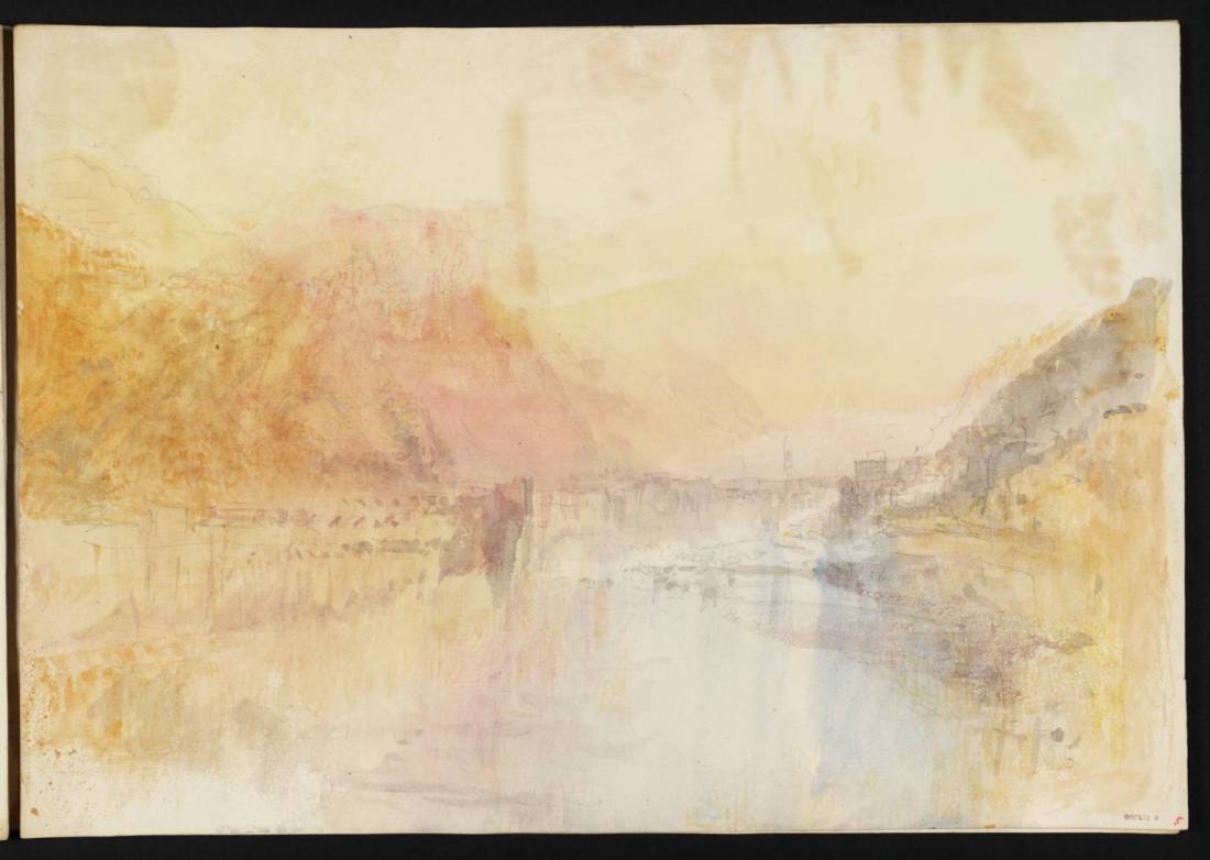 J M W Turner Heidelberg from upstream, sunset, 1844 Graphite and watercolour on paper, 229 x 329 mm From the Heidelberg sketchbook, Tate, London, D35224; Turner Bequest CCCLII 5 as ‘Heidelberg from the Neckar Shore close to the Hirschgasse’. This sketch is the second of three that Turner made in 1844 recording the advance of sunset at intervals from viewpoints upstream of the castle and bridge. Here he is further upstream than in f.18 (above), and at a later hour, with the sun now setting, and casting its characteristic gold and red tones on the castle and its wooded slopes. Finding a view from this aspect had been a priority for Turner on his first visit in 1833, and in this study he returned to close to the viewpoint of an earlier pencil sketch TB CCXCVIII 22. Photo courtesy of Tate To view this image in Tate’s own catalogue of the Turner bequest, click on the following link, and use your browser’s ‘back’ button to return to this page. http://www.tate.org.uk/art/artworks/turner-heidelberg-from-the-neckar-shore-close-to-the-hirschgasse-d35224 