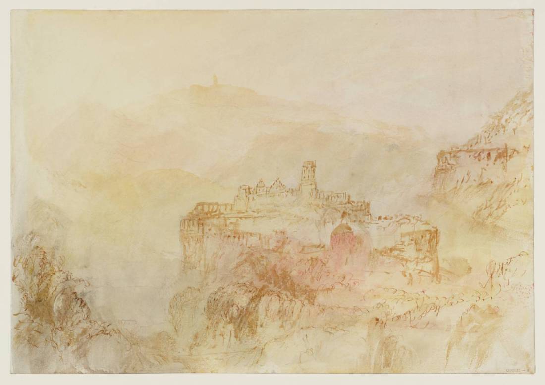 J M W Turner Heidelberg Castle from the South West, 1844 Graphite and watercolour on paper, 229 x 329 mm From the Heidelberg sketchbook, Tate, London, D35228; Turner Bequest CCCLII 8 as ‘Heidelberg from the South’ This is the second of two studies of the castle as seen from the south-west. The sun is getting round to the west, and the air in the valley is filled with warm, dissolving light. One peculiarity of both sketches is that the architectural detail of the castle is vague and one respect rather inaccurate. To the left of the octagonal tower we can see (correctly) the Renaissance gables of the Friedrich building: But to the left of that should be the long range of the Englischer Hof, leading to the Dicker Turm. This has been compressed by Turner. It seems very likely that he could not actually see the whole castle. Nowadays we do at least have the wonders of virtuality (see below). Photo courtesy of Tate To view this image in Tate’s own catalogue of the Turner bequest, click on the following link, and use your browser’s ‘back’ button to return to this page. http://www.tate.org.uk/art/artworks/turner-heidelberg-from-the-south-d35228 