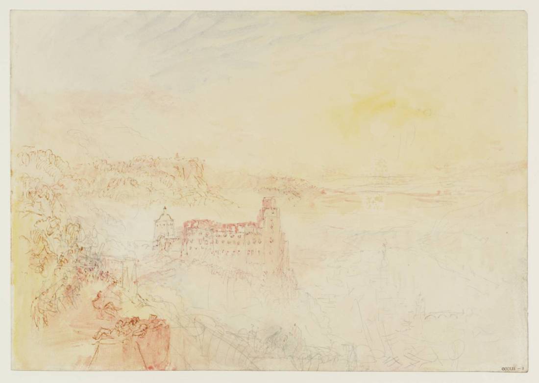 J M W Turner Heidelberg Castle from the East, 1844 Graphite and watercolour on paper, 229 x 329 mm From the Heidelberg sketchbook, Tate, London, D35229; Turner Bequest CCCLII 9 as ‘Heidelberg from the East’ Having already sketched in pencil the sunset from the garden terrace, here he sets it down in colour. His viewpoint is actually some way above the terrace itself on the road. It seems to have been a popular vantage point to judge from the indications of figures in this sketch. Sadly, once again there is nothing now to be seen from here but trees. Photo courtesy of Tate To view this image in Tate’s own catalogue of the Turner bequest, click on the following link, and use your browser’s ‘back’ button to return to this page. http://www.tate.org.uk/art/artworks/turner-heidelberg-from-the-east-d35229