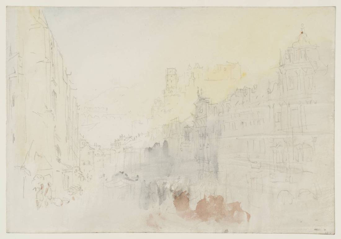 J M W Turner View along the Hauptstrasse, Heidelberg, 1844 Graphite and watercolour on paper, 229 x 329 mm From the Heidelberg sketchbook, Tate, London, D35232; Turner Bequest CCCLII 12 as ‘View along the Hauptstrasse, Heidelberg’ This is an unusual subject for Turner, recording a street scene in the town, rather than a major prospect. Here we are looking along the main street with the walls of the Heiliggeistkirche on the left, the castle seen over the rooftops in the centre, and the buildings on the south side of the Hauptstrasse culminating in the elaborate Renaissance façade of the Hotel Ritter to the right. As is often the case at this stage in his career Turner has synthesised a few viewpoints in this sketch. It is impossible to see the castle as clearly as this except from further down the street, and the angles on the Hotel Ritter and the church are incompatible without shifting position at least once. My photograph is likewise stitched together from three separate images. We can, however, be sure that Turner did made this sketch from the motif. Modern scholars trend towards Turner making his colour studies in his hotel or in the studio after the event, from pencil sketches or from memory. There is no comparable pencil sketch of this, and the phenomenal aspects of the subject, of late afternoon light flooding weakly into a street still cool and wet from rain is vividly given.  Photo courtesy of Tate To view this image in Tate’s own catalogue of the Turner bequest, click on the following link, and use your browser’s ‘back’ button to return to this page. http://www.tate.org.uk/art/artworks/turner-view-along-the-hauptstrasse-heidelberg-d35232