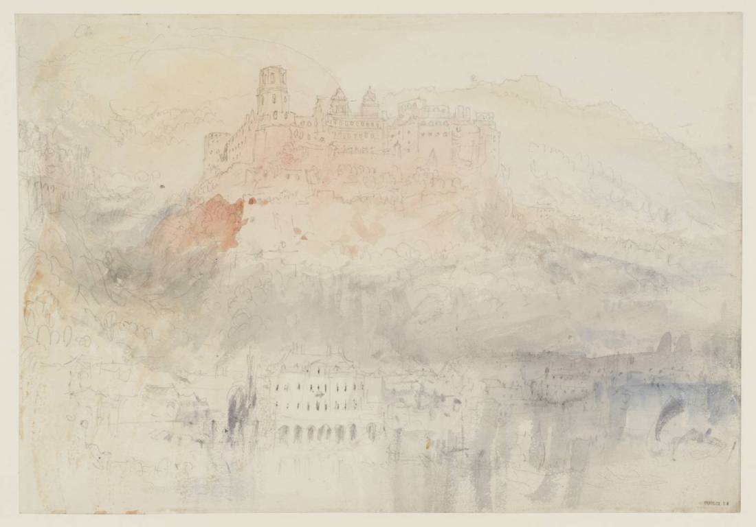 J M W Turner Heidelberg from upstream, fading light, 1844 Graphite and watercolour on paper, 229 x 329 mm From the Heidelberg sketchbook, Tate, London, D35233; Turner Bequest CCCLII 13 as ‘Heidelberg Castle from the Hirschgasse’. This sketch is the third of three that Turner made in 1844 recording the advance of sunset at intervals from viewpoints upstream of the castle and bridge. Here he is opposite the castle, with the Palais Weimar on the opposite bank, with the setting sun still lower, and the intensity of the colour on the castle now beginning to fade, and to have paled entirely at river level. Finding a view from this aspect had been a priority for Turner on his first visit in 1833, and in this study he returned to close to the viewpoint of an earlier pencil sketch, TB CCXCVIII 23a. Photo courtesy of Tate To view this image in Tate’s own catalogue of the Turner bequest, click on the following link, and use your browser’s ‘back’ button to return to this page. http://www.tate.org.uk/art/artworks/turner-heidelberg-castle-from-the-hirschgasse-d35233 