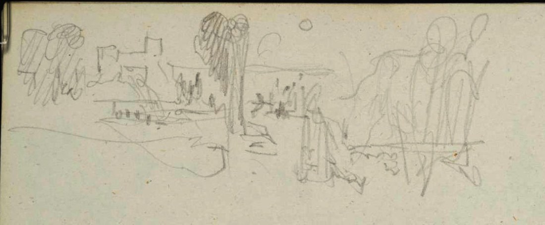 J M W Turner Heidelberg Castle and Town from the end of the Garden Terrace: Sunset, 1844 Graphite on paper, page size 109 x 170 mm Detail from the Spires and Heidelberg sketchbook, Tate, London, D29796; Turner Bequest CCXCVII 13 as ‘Heidelberg from the East’ The main objective of Turner’s 1844 pencil sketches at Heidelberg seems to have been to work out a composition of the sun setting from the terrace. This is a very quick memorandum of the northern end of the terrace, from a quite precarious position just beyond it. His idea seems to have been to find a viewpoint that enabled him to take in the celebrants as well as the setting. Photo courtesy of Tate To view this image in Tate’s own catalogue of the Turner bequest, click on the following link, and use your browser’s ‘back’ button to return to this page. http://www.tate.org.uk/art/artworks/turner-heidelberg-from-the-east-d29796