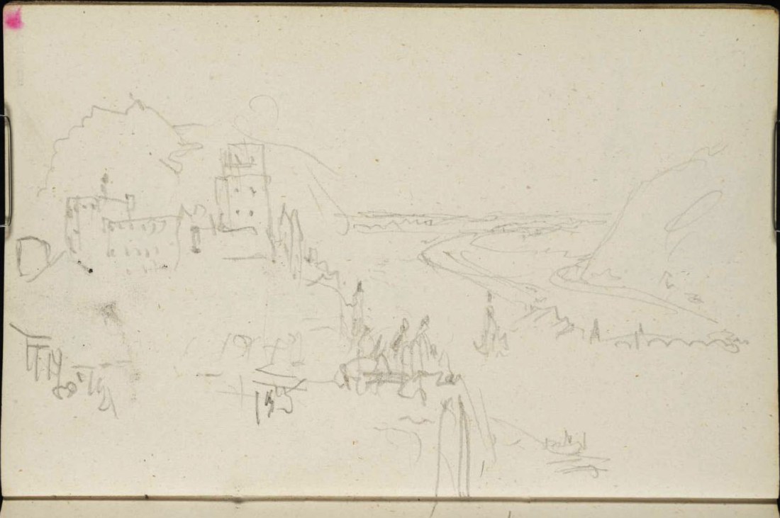 J M W Turner Heidelberg Castle and Town from above the end of the Garden Terrace, 1844 Graphite on paper, page size 109 x 170 mm From the Spires and Heidelberg sketchbook, Tate, London, D29799; Turner Bequest CCXCVII 14a as ‘Heidelberg: The Castle and Town from the East’ This is a slightly more relaxed study of the end of the garden terrace with its sundown celebrants. The exact view is no longer photographable because of the growth of trees. Photo courtesy of Tate To view this image in Tate’s own catalogue of the Turner bequest, click on the following link, and use your browser’s ‘back’ button to return to this page. http://www.tate.org.uk/art/artworks/turner-heidelberg-the-castle-and-town-from-the-east-d29799