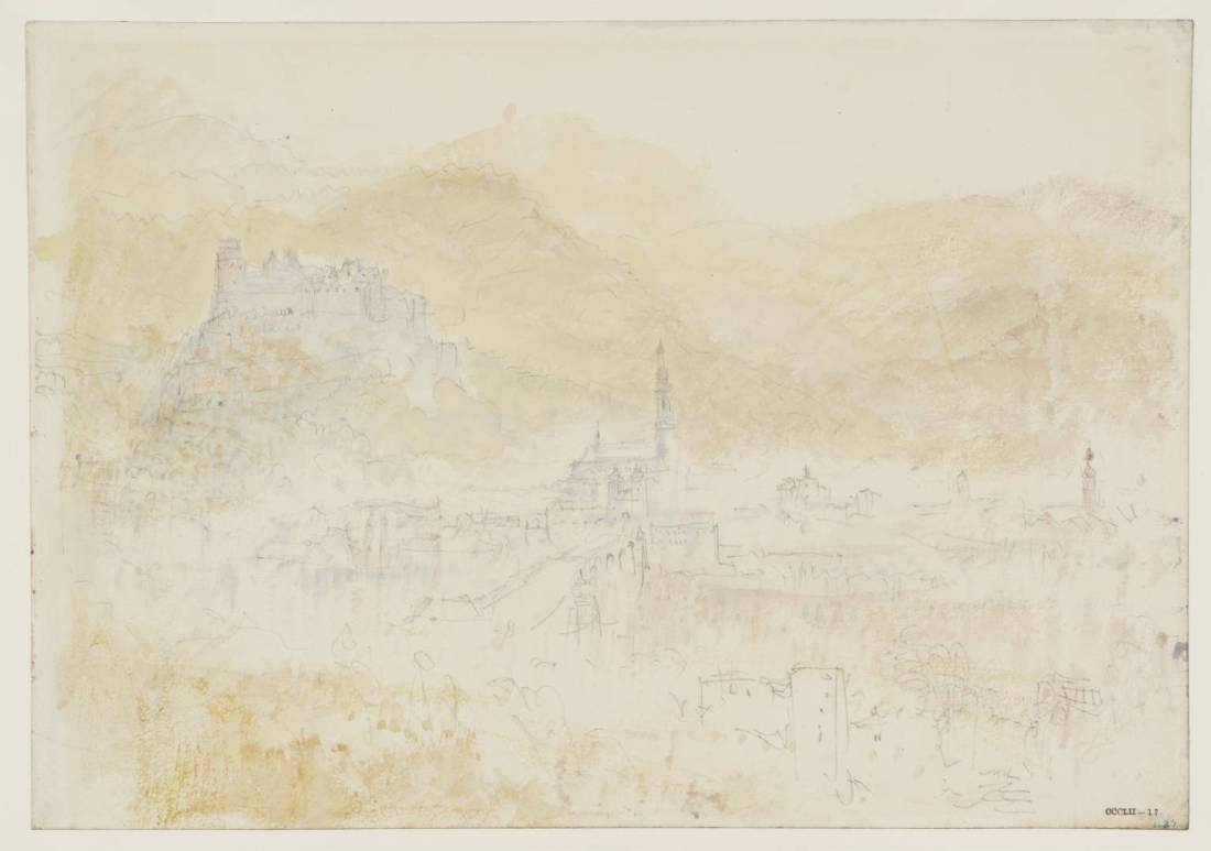 J M W Turner Heidelberg from the Schlangenweg, 1844 Graphite and watercolour on paper, 229 x 329 mm From the Heidelberg sketchbook, Tate, London, D35237; Turner Bequest CCCLII 17 as ‘Heidelberg from the Schlangenweg’ This is the only occasion on which Turner climbed up the Schlangenweg, the zig-zag path that leads up from the old bridge at Heidelberg to the famous high-level walk, the Philosophenweg. Like the sketch of the Hauptstrasse above this study has no pencil equivalent and must have been painted direct from nature. It is remarkably faintly coloured, as is the details of the town were barely visible, contra-jour in a brilliantly suffused mist. Such conditions might frequently met with in a wet summer, with the damp atmosphere reflecting and refracting the sunlight.  Photo courtesy of Tate To view this image in Tate’s own catalogue of the Turner bequest, click on the following link, and use your browser’s ‘back’ button to return to this page. http://www.tate.org.uk/art/artworks/turner-heidelberg-from-the-schlangenweg-d35237 
