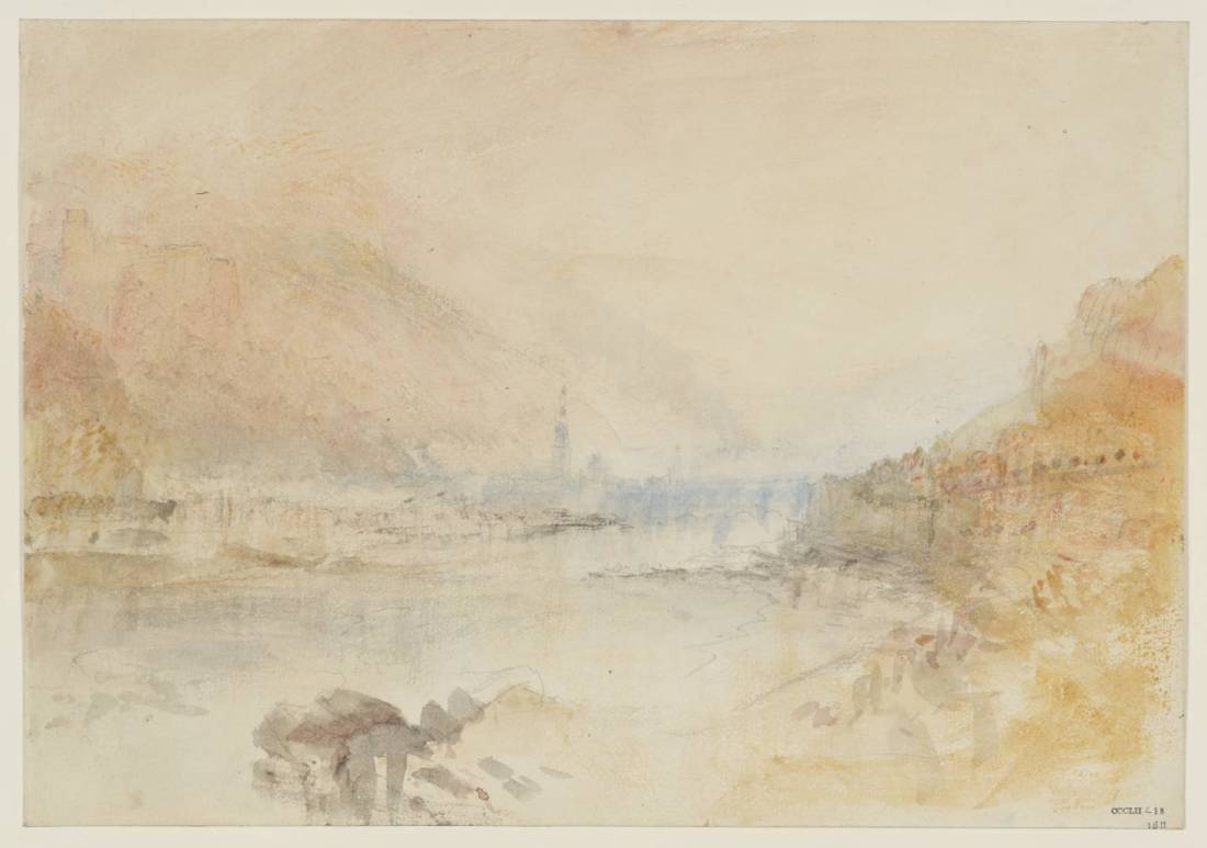 J M W Turner Heidelberg from upstream, late afternoon, 1844 Graphite and watercolour on paper, 229 x 329 mm From the Heidelberg sketchbook, Tate, London, D35238; Turner Bequest CCCLII 18 as ‘Heidelberg from the Neckar Shore close to the Hirschgasse’. This sketch is the first of three that Turner made in 1844 recording the advance of sunset at intervals from viewpoints upstream of the castle and bridge. Finding a view from this aspect had been a priority for Turner on his first visit in 1833, and in this study he returned to close to the viewpoint of an earlier pencil sketch TB CCXCVIII 19. Here the sun appears to be shining towards us, more-or-less down the line of the river, which would set the time of day as in the late afternoon, but before the sun has sunk low enough to intensify the colour. Photo courtesy of Tate To view this image in Tate’s own catalogue of the Turner bequest, click on the following link, and use your browser’s ‘back’ button to return to this page. http://www.tate.org.uk/art/artworks/turner-heidelberg-from-the-neckar-shore-close-to-the-hirschgasse-d35238 