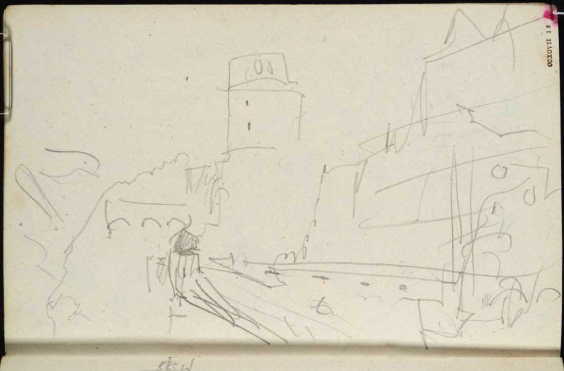 J M W Turner Heidelberg Castle: on the North Terrace, looking east, 1844 Graphite on paper, page size 109 x 170 mm From the Spires and Heidelberg sketchbook, Tate, London, D29805; Turner Bequest CCXCVII 18 as ‘Heidelberg Castle: The Bell Tower, Friedrich Building and Altan, and View Eastwards to the Terrace’. Here Turner appears to be leaning out of the little turret at the west end of the Altan, to look back at the garden terrace past the Octagonal Tower. Photo courtesy of Tate To view this image in Tate’s own catalogue of the Turner bequest, click on the following link, and use your browser’s ‘back’ button to return to this page. http://www.tate.org.uk/art/artworks/turner-heidelberg-castle-the-bell-tower-friedrich-building-and-altan-and-view-eastwards-to-d29805 