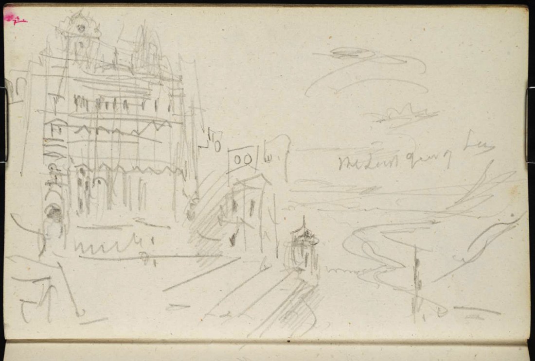 J M W Turner Heidelberg Castle: on the North Terrace, looking west at sunset, 1844 Graphite on paper, page size 109 x 170 mm From the Spires and Heidelberg sketchbook, Tate, London, D29806; Turner Bequest CCXCVII 18a as ‘Heidelberg Castle: The Friedrich Building and Altan, and View Westwards down the Neckar Photo courtesy of Tate Here Turner is leaning out of the eastern turret looking west, noting ‘the last gleam of the sun’. To view this image in Tate’s own catalogue of the Turner bequest, click on the following link, and use your browser’s ‘back’ button to return to this page. http://www.tate.org.uk/art/artworks/turner-heidelberg-castle-the-friedrich-building-and-altan-and-view-westwards-down-the-d29806 