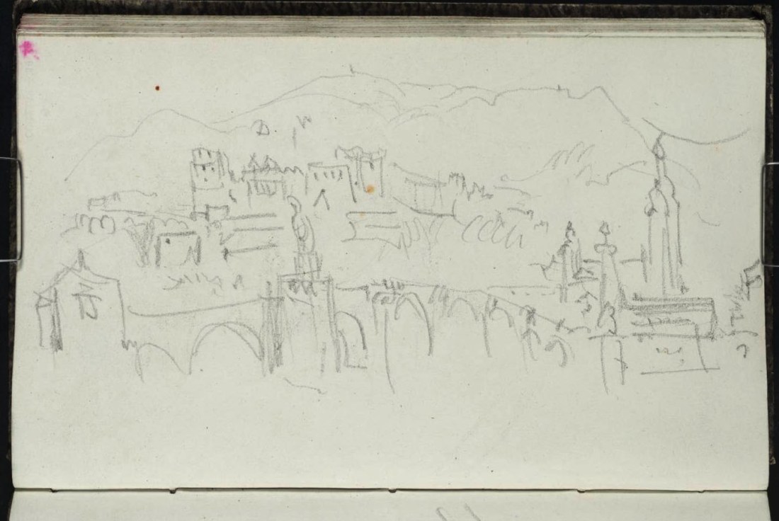 J M W Turner Heidelberg Bridge, Castle and Heiliggeistkirche, 1841 From the Berne, Heidelberg and Rhine sketchbook, Tate, London, D32957; Turner Bequest CCCXXVI 39a as ‘Heidelberg’. Photo courtesy of Tate To view this image in Tate’s own catalogue of the Turner bequest, click on the following link, and use your browser’s ‘back’ button to return to this page. http://www.tate.org.uk/art/artworks/turner-heidelberg-d32957
