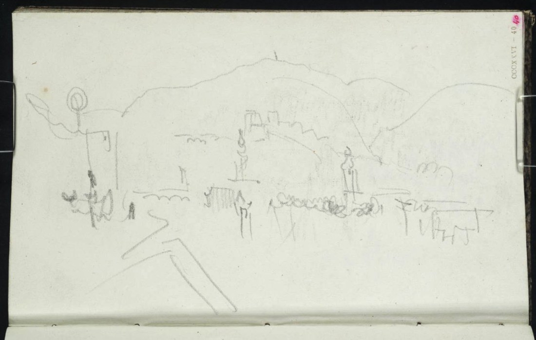 J M W Turner Heidelberg Bridge, Castle, Heiliggeistkirche and Armoury, with the Providenzkirche to the right 1841 From the Berne, Heidelberg and Rhine sketchbook, Tate, London, D32958; Turner Bequest CCCXXVI 40 as ‘Heidelberg’. This is a key point in the shifting parallax of the landmarks of Heidelberg, where the octagonal tower, spire of the Heiliggeistkirche and the turret of the Armoury all align. Turner has progressed far enough downstream from the bridge to b=now bring in the Providenzkirche to the right. Photo courtesy of Tate To view this image in Tate’s own catalogue of the Turner bequest, click on the following link, and use your browser’s ‘back’ button to return to this page. http://www.tate.org.uk/art/artworks/turner-heidelberg-d32958