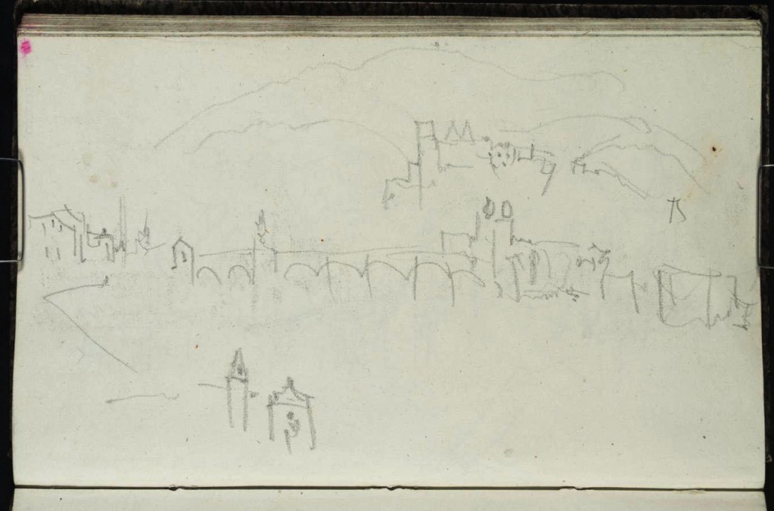 J M W Turner Heidelberg Bridge and Castle, 1841 From the Berne, Heidelberg and Rhine sketchbook, Tate, London, D32959; Turner Bequest CCCXXVI 40a as ‘Heidelberg’. This sketch is taken from the same viewpoint as the colour-beginning and the watercolour made for Thomas Prior. Notice the relationship between the octagonal tower and the bridge towers. The Heiliggeistkirche is present to the right, but something of a cipher in this sketch, Turner being interested most in the relationship, rather than in replicating detail that he had recorded previously. Photo courtesy of Tate To view this image in Tate’s own catalogue of the Turner bequest, click on the following link, and use your browser’s ‘back’ button to return to this page. http://www.tate.org.uk/art/artworks/turner-heidelberg-d32959