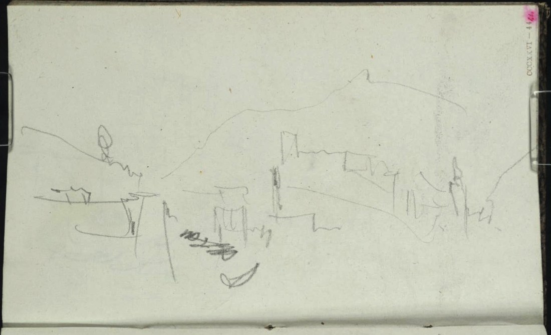 J M W Turner Heidelberg Castle, Heiliggeistkirche and Providenzkirche from downstream towards Neuenheim, 1841 From the Berne, Heidelberg and Rhine sketchbook, Tate, London, D32966; Turner Bequest CCCXXVI 44 as ‘Heidelberg’. Photo courtesy of Tate This is the farthest downstream that Turner walked, not far from the present Theodore Heuss Brucke near Neuenheim. Note that in this and the following sketch the octagonal tower now appears to the right of the spire of the Heiliggeistkirche, which only occurs as one approaches the Theodore Heuss Brucke. At this point he had managed to occlude Heidelberg bridge behind the road embankment to the left. He stepped down on the shore in the next sketch to bring it back into view. To view this image in Tate’s own catalogue of the Turner bequest, click on the following link, and use your browser’s ‘back’ button to return to this page. http://www.tate.org.uk/art/artworks/turner-heidelberg-d32966