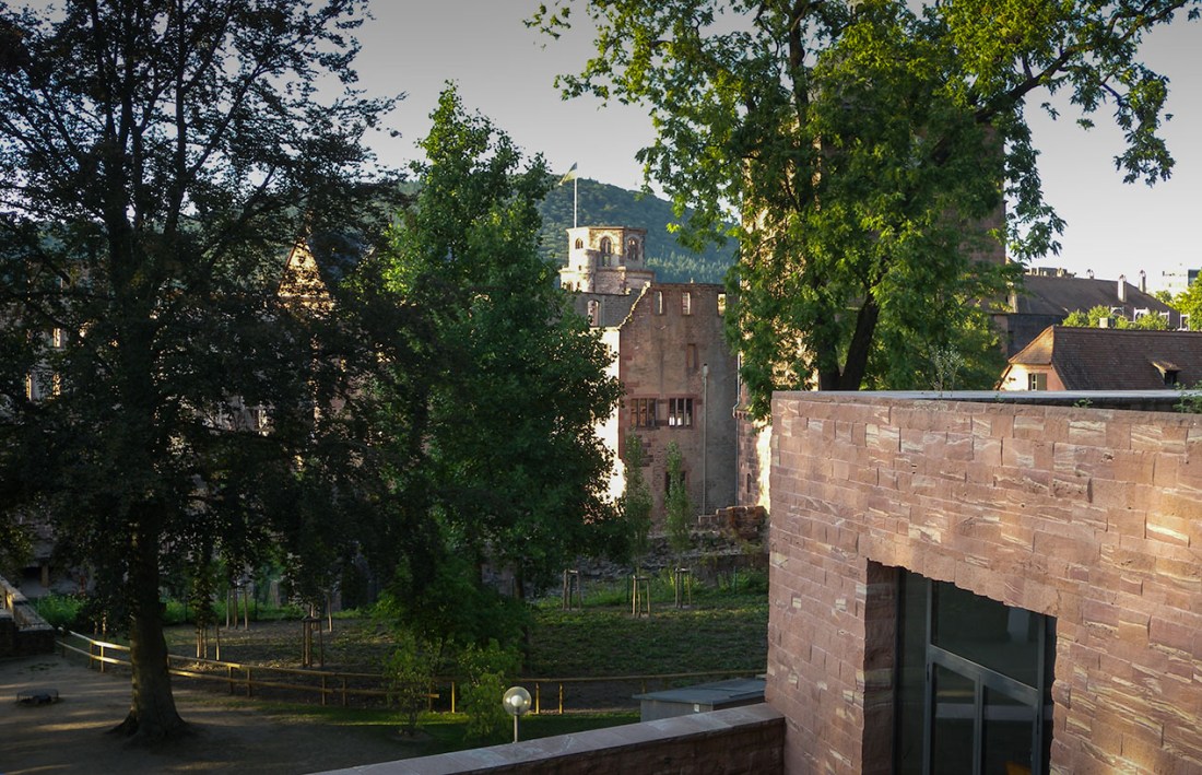 Heidelberg Castle from the South West Photograph by David Hill taken 26 August 2015, 17.10 GMT This is taken from the same angle of view as Turner’s colour studies, but from much lower down and closer to the castle. Even here most of the castle is shielded by trees. The gate tower is behind the tree to the right. The views any higher are everywhere completely obscured. In Turner’s day the hillsides were more open and views from higher viewpoints were popular with artists. Trying to find Turner’s exact viewpoints was a frustrating business. Even allowing for the German love of being immersed in the wald, there seems to be an obvious case here for some judicious pruning.  