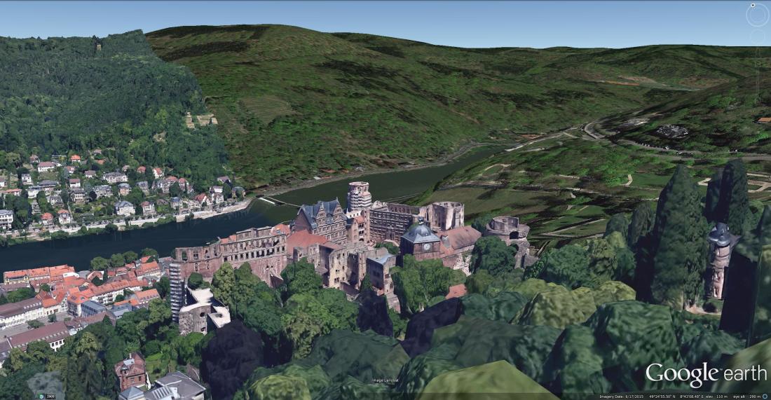 Heidelberg Castle from the South West Google Earth 3D buildings view.  With some pruning, it might be possible to open up a real view as spectacular as this.  