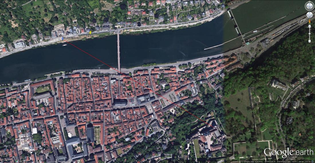 Heidelberg: Google Earth Aerial View Showing the line of sight from the Octagonal Tower of Heidelberg Castle, past the bridge towers to viewpoint of Turner’s colour study. Turner was always acutely sensitive to the nuances of parallax that identified his exact point of view. The consistency and accuracy of such alignments are effectively his certificate of authenticity. The evidence that he has actually been there. This image is best viewed at full-size. Click on the image to enlarge and use your browser’s ‘back’ button to return to this page.