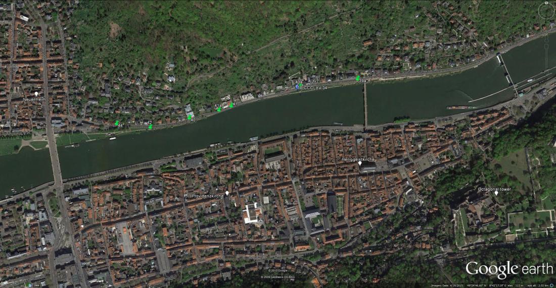 Heidelberg: Google Earth Aerial View Marking the viewpoints of Turner’s 1841 sketches and the watercolour made for Prior. This image is best viewed at full-size. Click on the image to enlarge and use your browser’s ‘back’ button to return to this page.