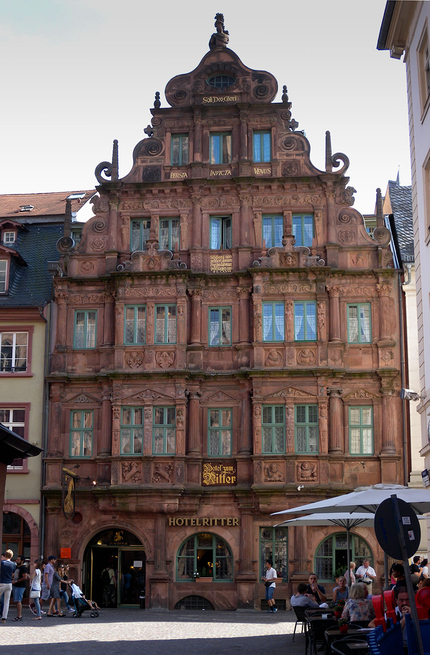 Heidelberg: Hotel Ritter Photograph by David Hill taken 27 August 2015, 14.21 GMT. The Hotel Ritter is one of the view Renaissance buildings to have survived unscathed at Heidelberg. The fact that Turner gave it some prominence seems to suggest some attachment to it, and perhaps he had stayed there on a previous visit, thou we know that in 1844 he was staying at the Prinz Carl further down the High Street.
