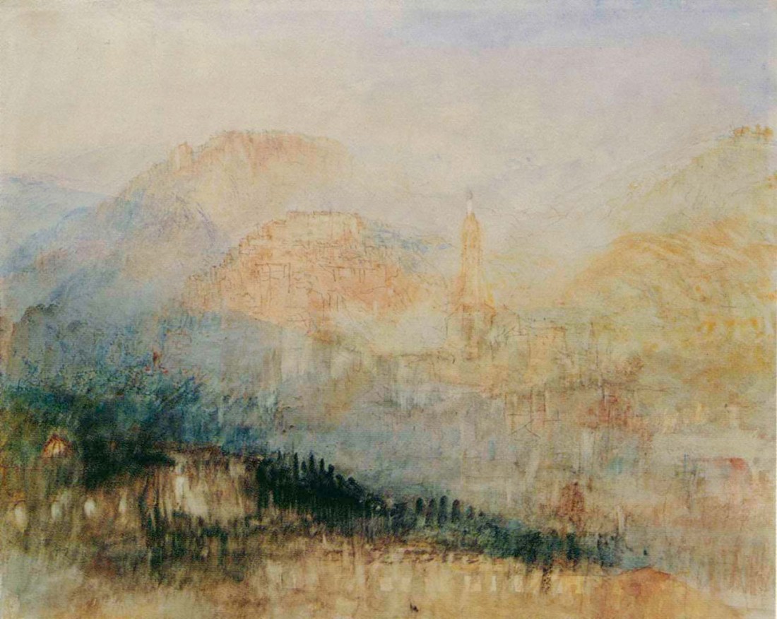 J M W Turner Heidelberg Sunset Study #1, c.1841 Watercolour and pen and ink, on white paper, 233 x 290 mm, 8 3/4 x 11 1/2 ins Private Collection Image scanned from Andrew Wilton, ‘William Turner: Licht und Fabre’, catalogue of the exhibition at Essen and Zurich, 2001, where exhibited as no.171. This is the only time that it has been reproduced in colour. 