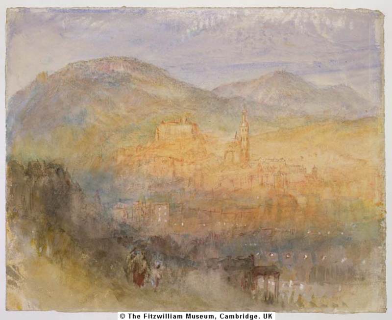 J M W Turner Heidelberg Sunset Study #2, c.1841  Watercolour and pen and ink on white paper, 236 x 295 mm, 9 1/4 x 11 5/8 ins  Cambridge, Fitzwilliam Museum.  (2284; Cormack 51) as ‘Heidelberg from the opposite bank of the Neckar'  Photograph courtesy of the Fitzwilliam Museum To view this image in the Fitzwilliam Museum’s own website, click on the following link, and use your browser’s ‘back’ button to return to this page. http://www.fitzmuseum.cam.ac.uk/gallery/friends/exhibits/turner_heidelberg.htm 