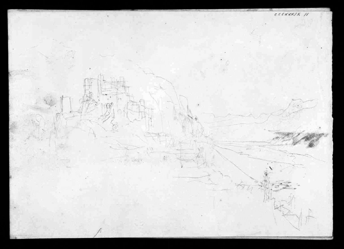  J M W Turner Ruined Castle, with Mountains, 1841?c Pencil with slight touches of watercolour on paper, 227 x 325 mm A page from the ‘Mountain Fortress’ sketchbook’, Tate D33664.Turner Bequest CCCXXXIX 11 Tate Britain, London Self-evidently related to the painting called ‘Heidelberg’. But of somewhere else altogether. Photo courtesy of Tate. To view this image in Tate’s own catalogue of the Turner bequest, click on the following link, and use your browser’s ‘back’ button to return to this page. http://www.tate.org.uk/art/artworks/turner-ruined-castle-with-mountains-d33664 