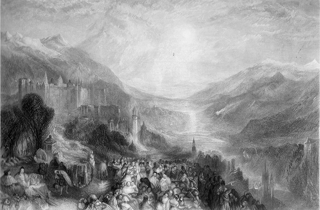 Thomas Abel Prior after J M W Turner Heidelberg Steel engraving, image size, 174 x 262 mm Published 1859-61 as one of a series of sixty posthumous engravings called ‘The Turner Gallery’. The plate is titled ‘Heidelberg’, but the accompanying description calls it ‘Heidelberg in the Olden Time’. All the early commentators found the topography problematic. 