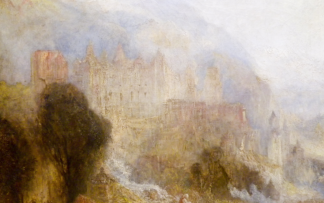 J M W Turner A Castle in an Alpine Valley, called ‘Heidelberg’, c.1842, detail of castle, left side Oil on canvas, 52 × 79 ½ ins (132 × 201 cms) Tate, London, N00518 Photograph by David Hill, courtesy of Tate 
