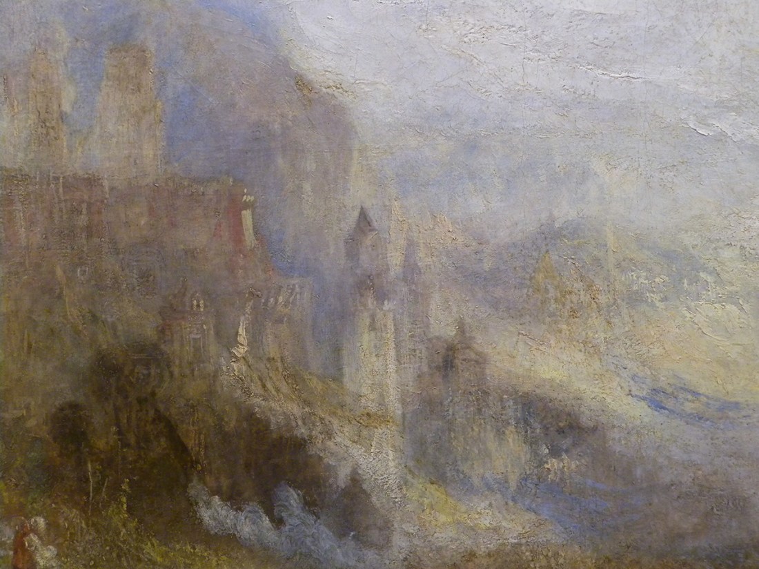 J M W Turner A Castle in an Alpine Valley, called ‘Heidelberg’, c.1842, detail of handling, centre left (1)  Oil on canvas, 52 × 79 ½ ins (132 × 201 cms) Tate, London, N00518 Photograph by David Hill, courtesy of Tate