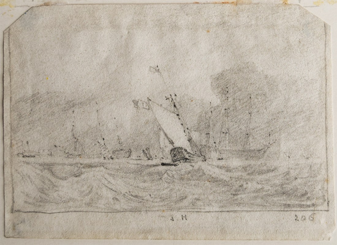 Memorandum of Turner's painting 'Van Tromp's Shallop, at the Entrance of the Scheldt' exhibited at the Royal Academy in 1832 Graphite on paper, 95 x 133 mm Inscribed: By Cotman in graphite in lower margin: 'S.H.' and '206' Provenance: The Hannan collection (see notes) to the International Art Centre, 272 Parnell Road, Auckland, New Zealand, Collectable Art, 23 February, 2016, lot 147: John Sell Cotman 1782 - 1842 - Seven drawings - Coastal Scenes, Pencil on paper 3.0 x 9.0, Signed & dated (date illegible), repr, est. $NZ 500 - 1,000, sold for NZ$700; Photograph by David Hill
