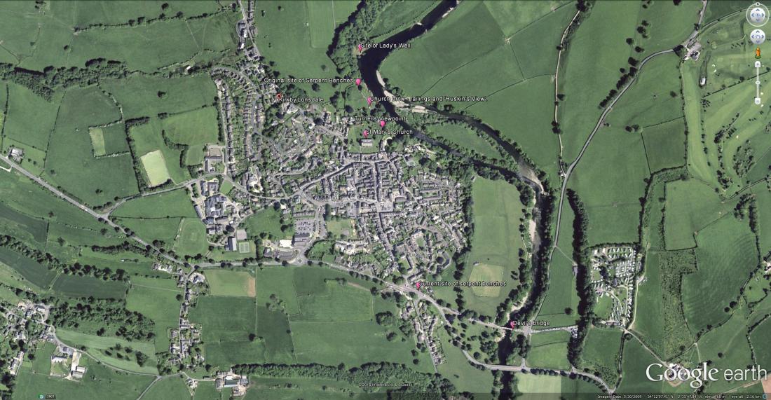 Google Earth Aerial view of Kirkby Lonsdale Placemarks indicate the principal sites discussed in the article. 