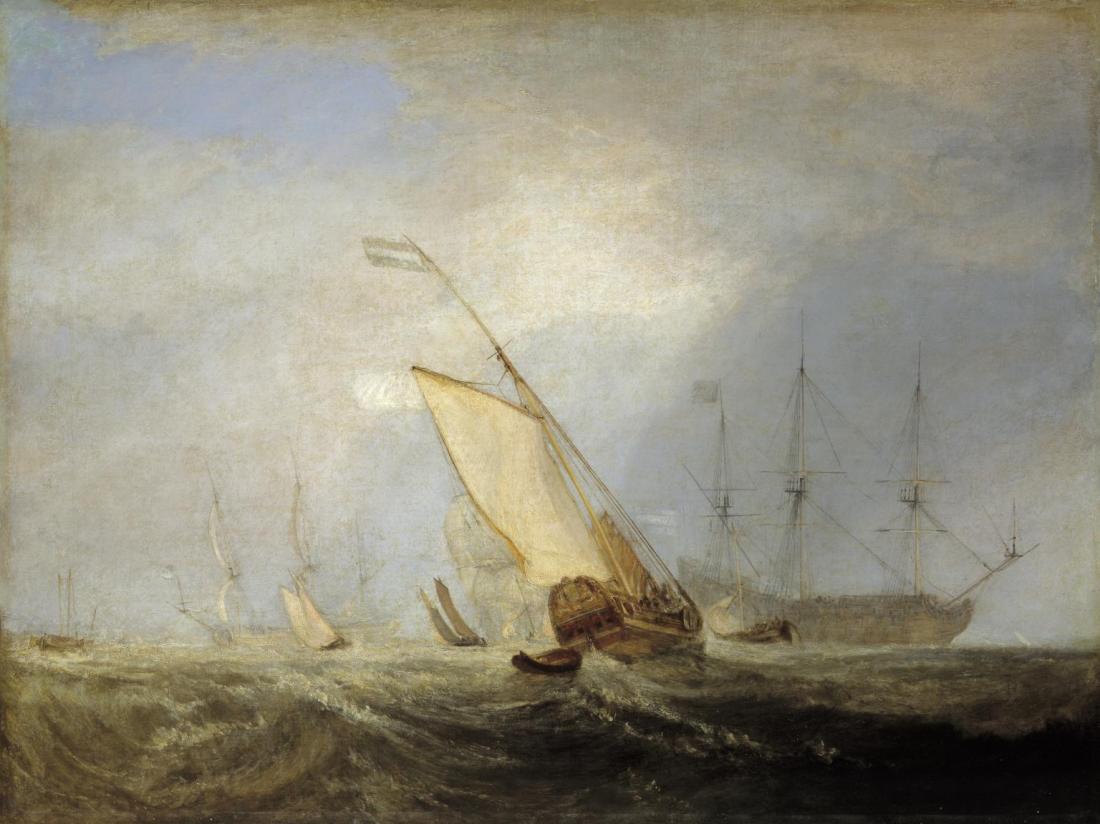 J M W Turner Van Tromp's Shallop, at the Entrance of the Scheldt, exhibited at the Royal Academy, 1832, no.206 Oil on canvas, 90.5 x 120.6 cm Tate Britain, London, N00537, Turner Bequest, 1856 as ‘Van Tromp Returning after the Battle off the Dogger Bank’, exhibited 1833. Turner exhibited several ‘Van Tromp’ subjects, and there has been some confusion as to which is which. Cotman’s sketch confirms for the first time that the painting at the Tate can be identified with the 1832 exhibit. Image courtesy of TATE. To see the picture and cataloguing in Tate’s own website, click on the following link, and then use your browser’s ‘back’ button to return to this site. http://www.tate.org.uk/art/artworks/turner-van-tromp-returning-after-the-battle-off-the-dogger-bank-n00537