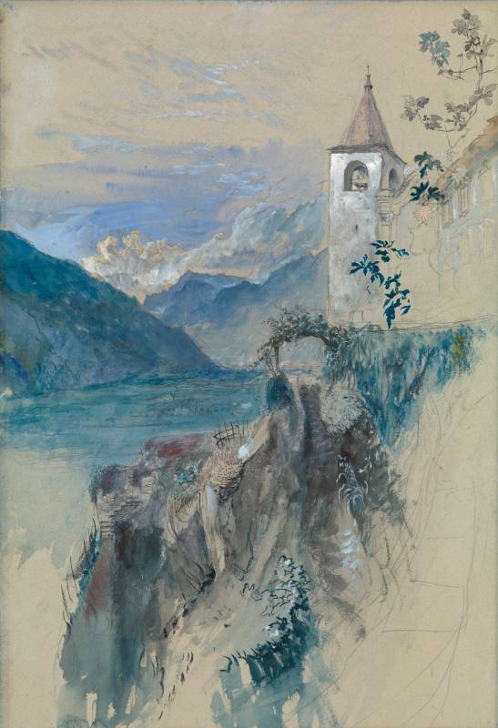 John Ruskin The Church of San Quirico at Daro above Bellinzona, Switzerland, looking north towards the St Gotthard Pass. Called Cure's Garden at Bellinzona, 1858 Pencil, watercolour and bodycolour on light blue tinted paper, 20 1/2 x 14 ins, 520 x 355 mm See SublimeSites.co, 29 September 2014, for discussion of the exact viewpoint. Image courtesy of Lowell Libson. To see the full catalogue entry on Lowell Libson’s website click on the following link, and use you browser’s ‘back’ button to return to this page: http://www.lowell-libson.com/pictures/bellinzona-switzerland-looking-towards-the-st-gotthard-pass 