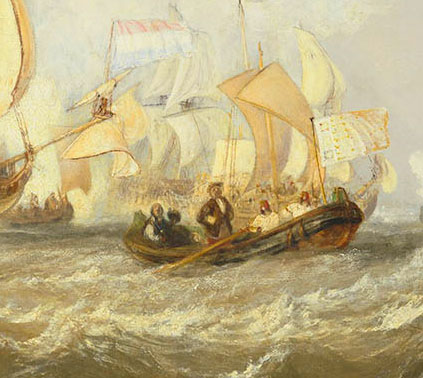 J M W Turner Van Tromp Returning after the Battle off the Dogger Bank’, exhibited at the Royal Academy, 1833 – detail of figure standing in foreground boat) Oil on canvas, 88.9 x 119.4 cm Wadsworth Athenaeum, Museum of Art, Hartford, Connecticut, USA
