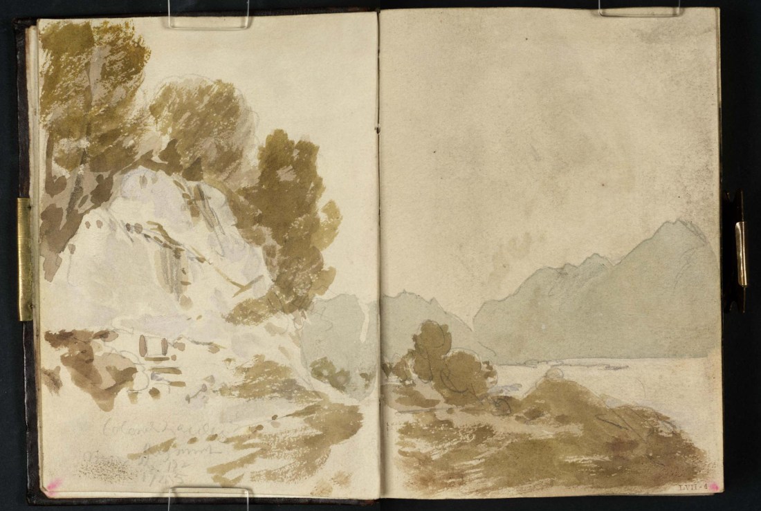 A Wooded Cliff beside the Old Military Road along Loch Lomond, with the Loch and Ben Lomond to the Right 1801 by Joseph Mallord William Turner 1775-1851