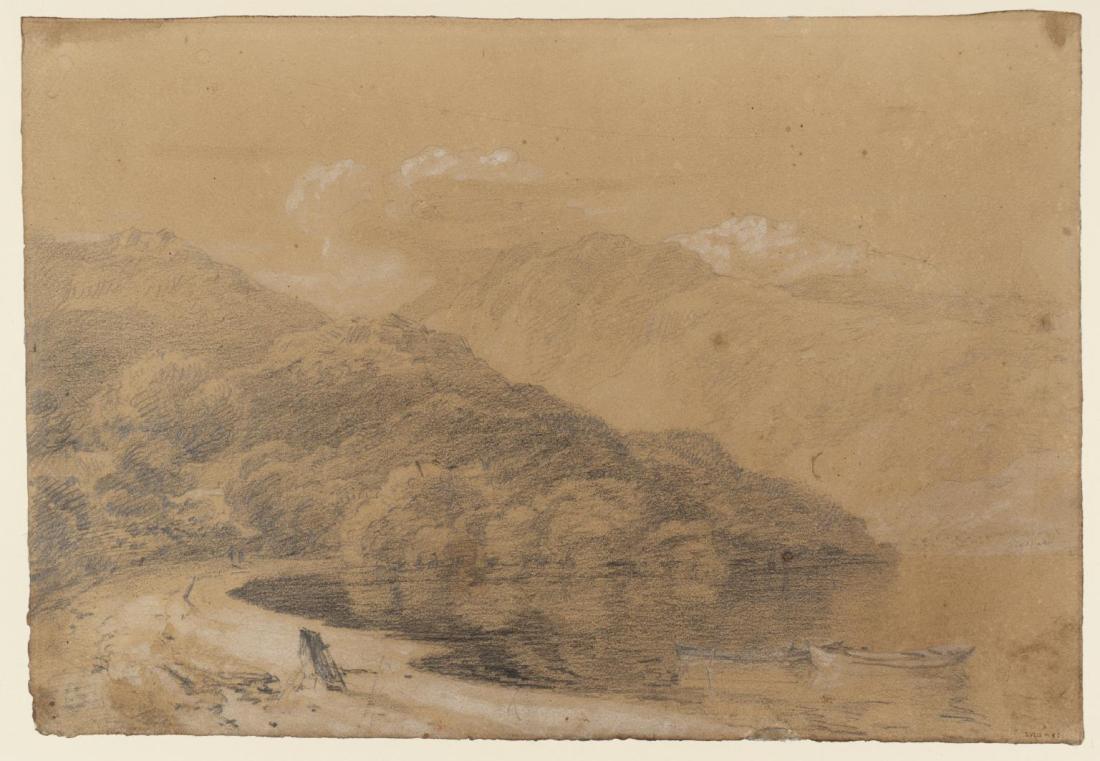 J M W Turner Rubha Mor on Loch Lomond, with Ben Lomond in the distance, 1801 Chalk, Pencil and watercolour on paper, 297 x 429 mm. Tate, London, D03426., Turner Bequest TB LVIII 47 as ‘A Wooded Bay with Mountains Beyond, Perhaps Loch Lomond at Inveruglas’ Image courtesy of Tate. To see the image in the Tate’s own online catalogue, click on the following link, and then use your browser’s ‘back’ button to return to this page: http://www.tate.org.uk/art/artworks/turner-a-wooded-bay-with-mountains-beyond-perhaps-loch-lomond-at-inveruglas-d03426
