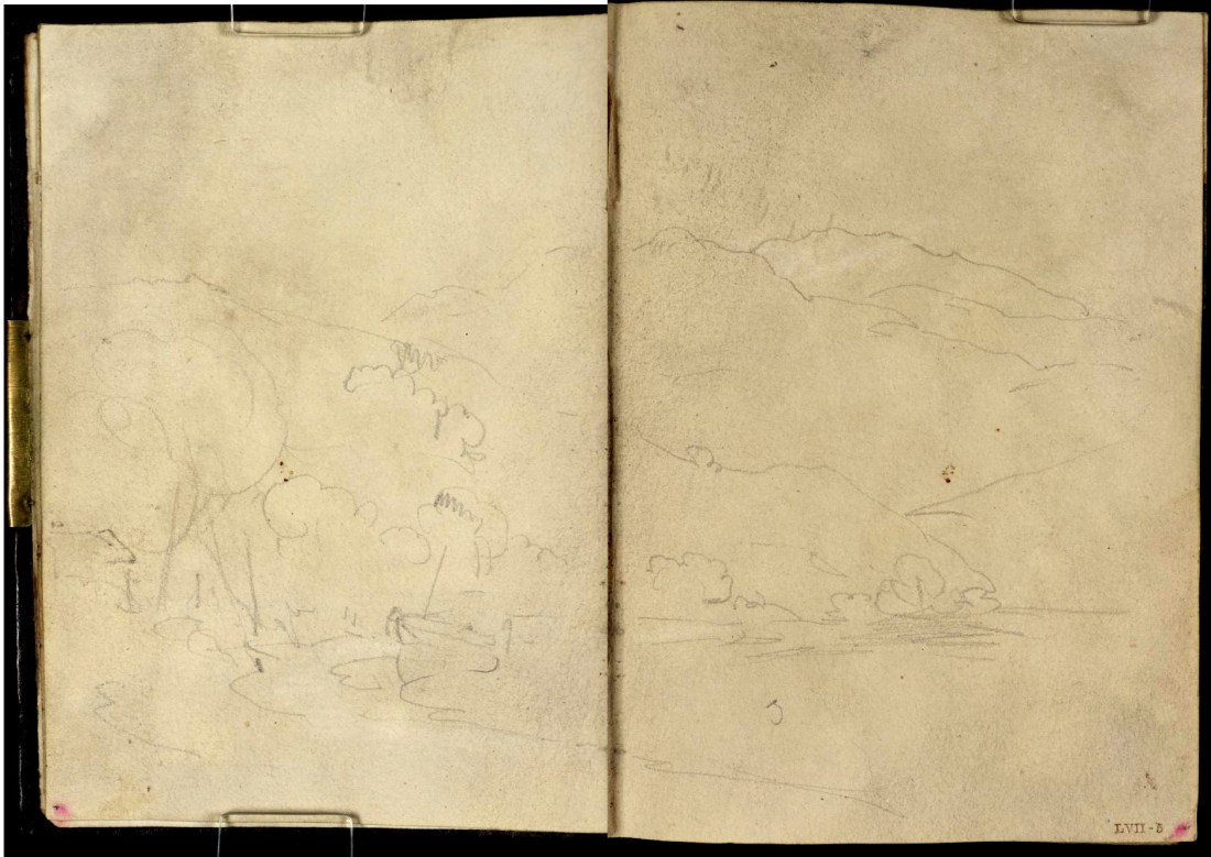 J M W Turner Rubha Mor on Loch Lomond, with Ben Lomond in the distance, 1801 Pencil and sepia washes on paper, 149 x 218 mm (page size, 149 x 109 mm) from the ‘Tummel Bridge’ sketchbook, Tate, London, D03284-85, Turner Bequest TB LVII 4a-5 as ‘A Small Boat Drawn Up in a Wooded Bay, with Mountains Beyond: ?Loch Lomond at Inveruglas’. Image courtesy of Tate. To see the image in the Tate’s own online catalogue, click on the following link, and then use your browser’s ‘back’ button to return to this page: http://www.tate.org.uk/art/sketchbook/tummel-bridge-sketchbook-65708