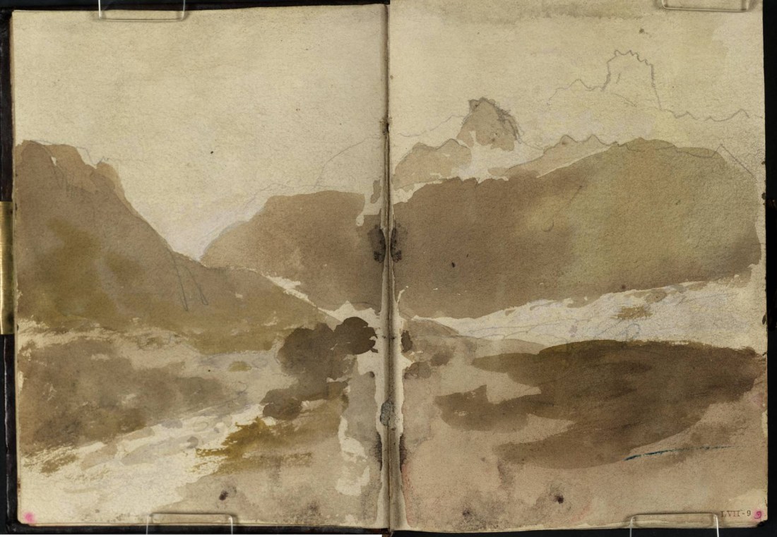 J M W Turner Ben Arthur from the entrance to Glen Croe above Ardgartan, 1801 Pencil and sepia washes on paper, 149 x 218 mm (page size, 149 x 109 mm) from the ‘Tummel Bridge’ sketchbook, Tate, London, D03292-93, Turner Bequest TB LVII 8a-9 as ‘Looking up Glenkinglas from Cairndow’. Image courtesy of Tate. To see the image in the Tate’s own online catalogue, click on the following link, and then use your browser’s ‘back’ button to return to this page: http://www.tate.org.uk/art/sketchbook/tummel-bridge-sketchbook-65708/19