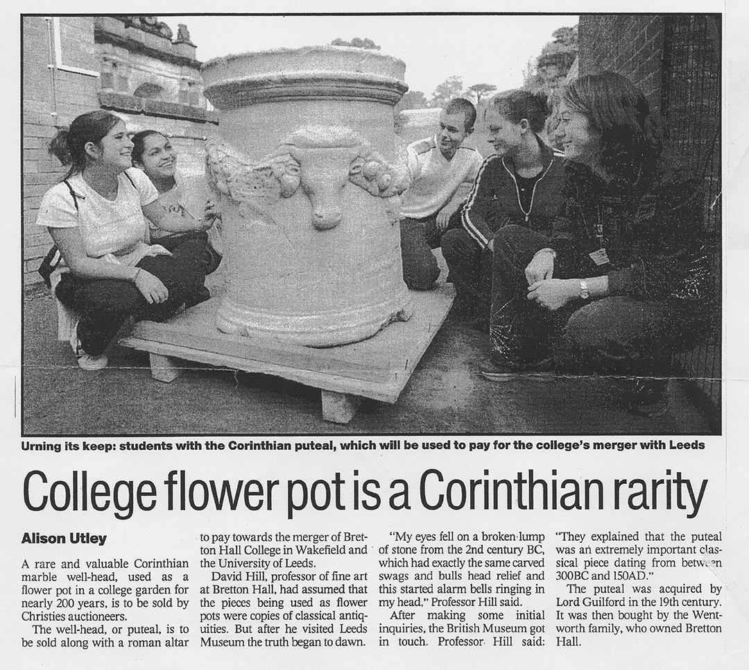 THES: The Times Higher Education Supplement, 7 December 2001 Article by Alison Utley, reporting the discovery and impending sale of the Bretton Marbles.