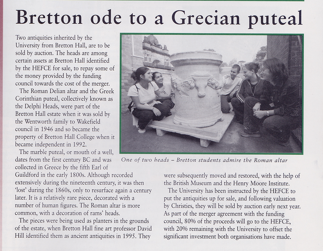 University of Leeds Reporter, 5 November 2001 Reporting the impending sale of the Bretton Marbles.