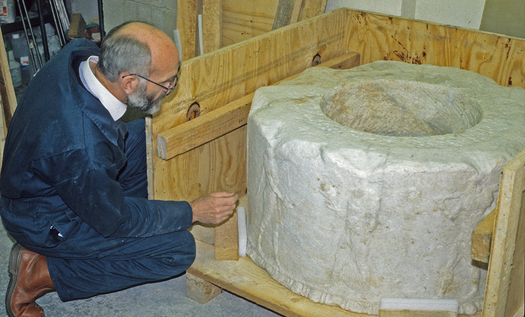 The Corinth Puteal With Michael Eastham in the studio, newly cleaned and conserved. Photograph by David Hill, November 1995