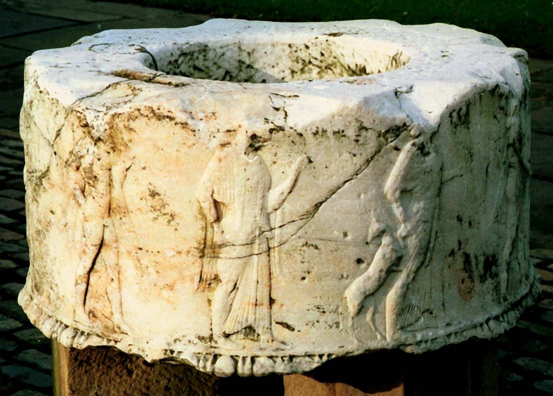 The Corinth Puteal Ancient Greek marble well-head recorded at Corinth in 1805 and subsequently lost, until recognised at Bretton Hall, Yorkshire, in 1993. Photograph by David Hill, taken July 1993