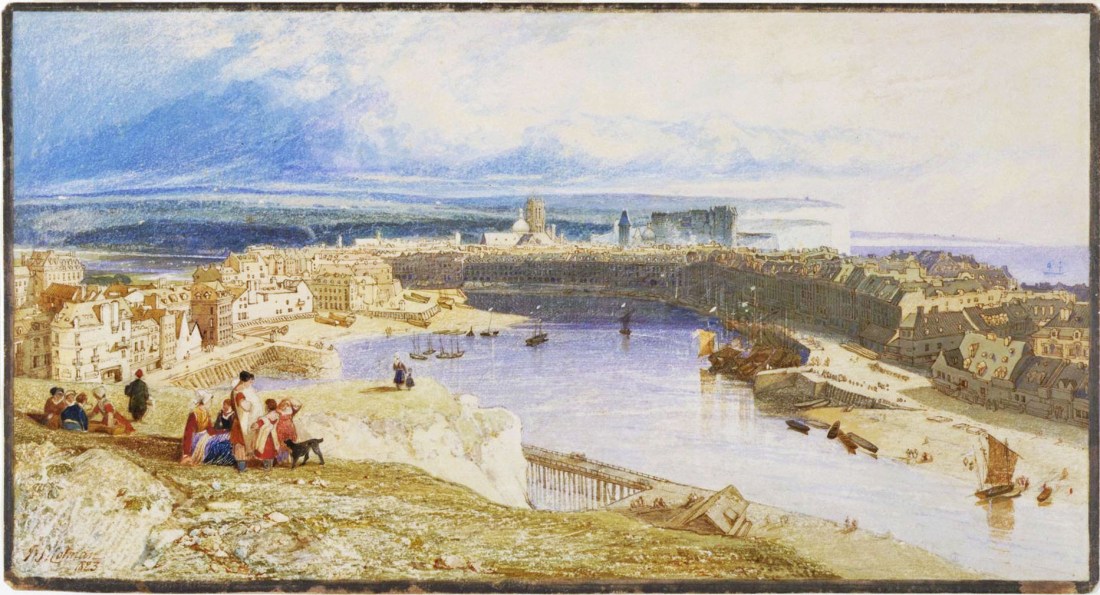 John Sell Cotman Dieppe, from the Heights to the east of the Port, looking down upon the Harbour, Castle, Churches of St Jacques and St Remi, and along the coast to St Vallery, 1823 Watercolour, 287 x 532 m, 11 3/16 x 21 ins London, Victoria and Albert Museum, P26-1934 This was one of the first subjects sketched by Cotman in France, but it had to wait until after the completion of the Architectural Antiquities to be developed into a finished work. It seems a shame that he did not chose to include it in his book, but presumably thought it insufficiently architectural. Image courtesy of Victoria and Albert Museum To see this work in the V&A’s own online catalogue click on the following link, and use your browser’s ‘back’ button to return to this page. http://collections.vam.ac.uk/item/O68994/dieppe-harbour-watercolour-cotman-john-sell/ 