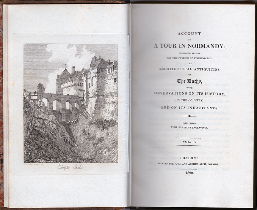 John Sell Cotman (after) West Entrance to Dieppe Castle, 1820 Etching on india paper, image 140 x 111 mm on plate 168 x 141 mm As published the plate inscribed in lower margin left 'J S Cotman Delt 1817' and titled in centre 'Dieppe Castle'   Etched by a member of the Dawson Turner family from a sepia watercolour by Cotman now at the London Victoria and Albert Museum (AL6858) and published as the frontispiece to Dawson Turner’s ‘A Tour in Normandy’, 1820. One wonders what Cotman must have thought to himself about the Turner family trumping his own project (still two years off) with their own. Collection and photograph the author.  