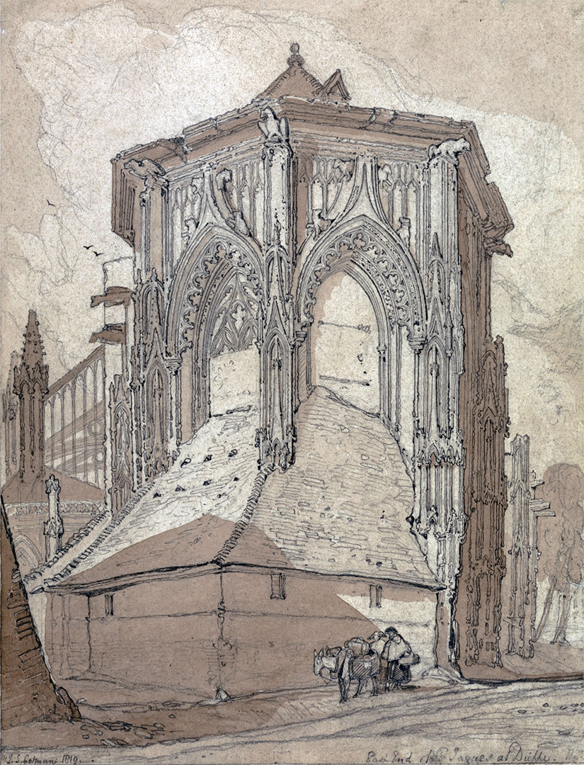 John Sell Cotman (1782-1842) East End of the Church of St Jacques at Dieppe, 1819 Graphite and brown wash on moderately thick, slightly textured, cream wove paper, 11 5/8 × 8 7/8 ins, 295 × 225 mm Inscribed in graphite, lower right: "East End of St. Jacques at Dieppe.", Collector's mark: RIBA blind embossed stamp, Signed and dated in graphite, lower left: "J. S. Cotman 1819." USA, New Haven, Yale Center for British Art, Paul Mellon Collection, B1975.2.563 Cotman sketched this subject on 23 June 1817. His original sketch is lost, and this is a studio work typical of the monochrome drawings that he made as the basis of his etchings for the ‘Architectural Antiquities of Normandy’, published in 1822. Photo courtesy of Yale Center for British Art 