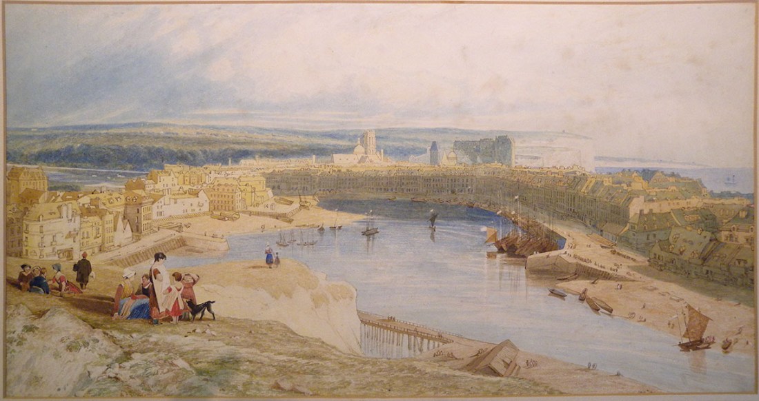 John Sell Cotman Dieppe, from the Heights to the east of the Port, looking down upon the Harbour, Castle, Churches of St Jacques and St Remi, and along the coast to St Vallery, 1823c (The Smith version) Watercolour, 287 x 532 m, 11 3/16 x 21 ins London, Victoria and Albert Museum, 3013-1876 This is a repetition of the 1823 watercolour also at the V&A. It was dismissed by Miklos Rajnai in 1975 as ‘an obvious copy with complete lack of quality’. It is certainly a copy, but astonishing in its care and accuracy. It also has real aesthetic quality, especially tin the way it translates the painterly effects of the 1823 watercolour into drawing. Image courtesy of Victoria and Albert Museum To see the entry for this work in the V&A’s own online catalogue click on the following link, and use your browser’s ‘back’ button to return to this page. http://collections.vam.ac.uk/item/O1272997/dieppe-from-the-heights-on-watercolour-cotman-john-sell/ 