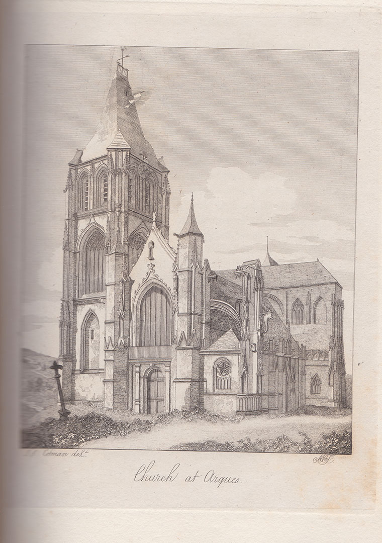 Mary Ann Turner after John Sell Cotman Church of Arques la Bataille, near Dieppe, West Front, 1820 Etching, printed in brown/black ink on india paper bonded to thick, off-white, wove paper, image 146 x 121 mm, on plate 183 x 138 mm. on sheet as published octavo, 242 x 150 mm Etched by Mary Ann Turner after the drawing by John Sell Cotman and published in Dawson Turner’s ‘A Tour in Normandy’, 1820, Volume 1, opposite p.40. Collection: The Author Photograph by David Hill 