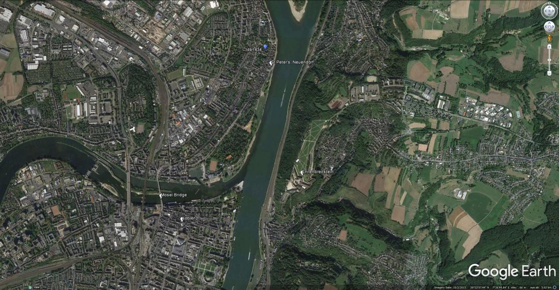 Google Earth Aerial View of Neuendorf, Ehrenbreitstein and Koblenz, showing Turner’s viewpoints
