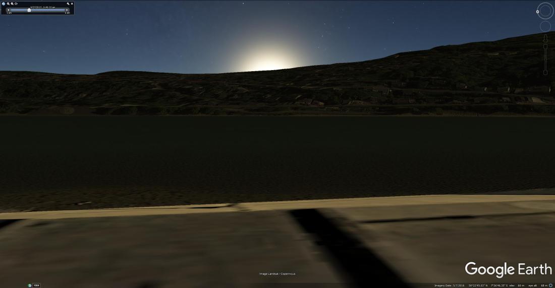 Google Earth rendering of sunrise across the Rhine from Neuendorf, 5.45 am, 27 September, about the same time that Turner was there in 1840